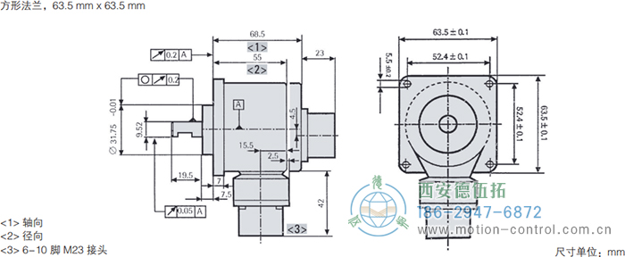 RI58-O/RI58-T實心軸光電增量通用編碼器外形及安裝尺寸(方形法蘭，63.5mm×63.5mm) - 西安德伍拓自動化傳動系統(tǒng)有限公司